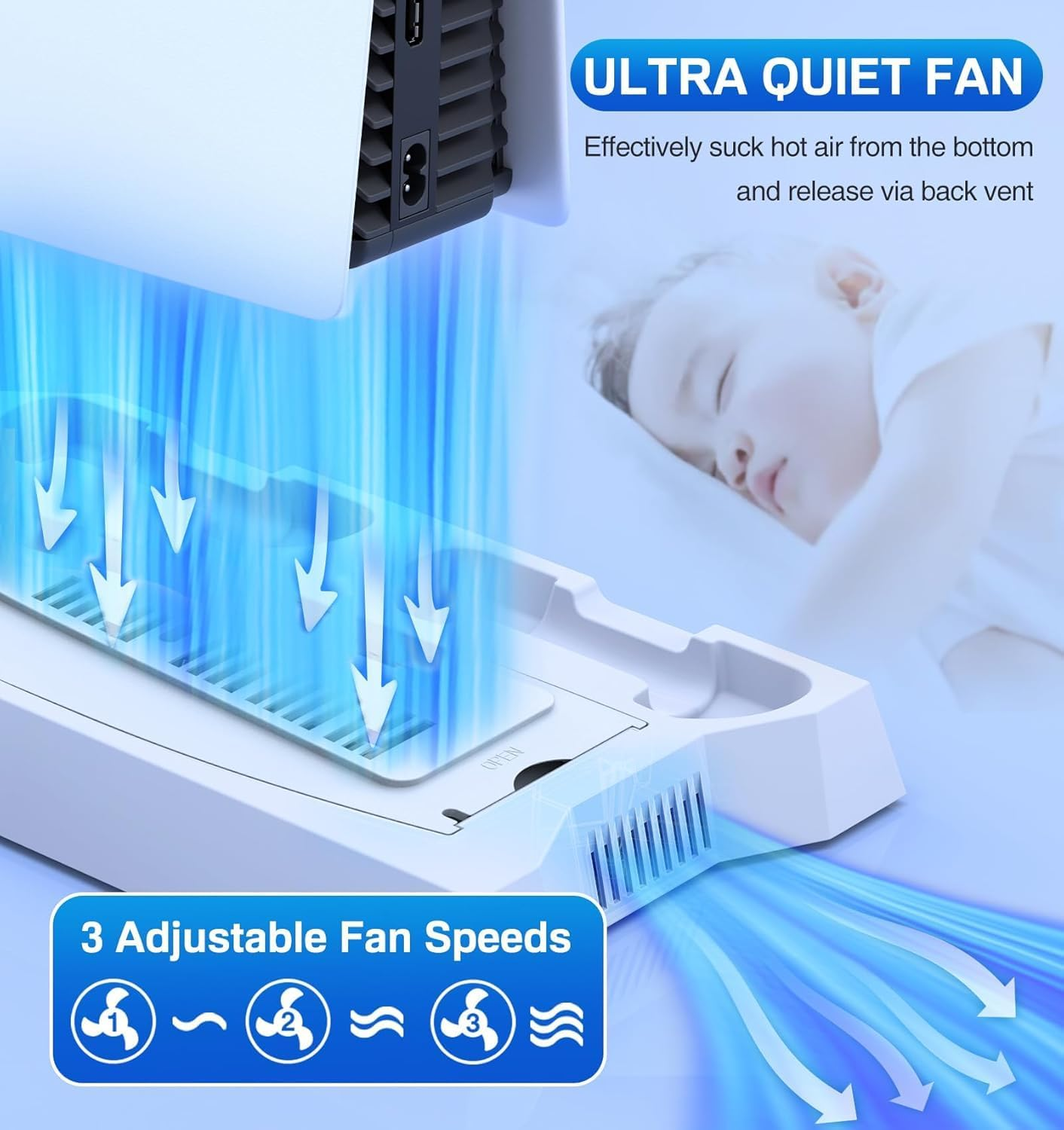 PS5 Cooling Station Stand for Playstation 5 Console, PS5 Slim Pro Cooling Stand with Headset Holder, White image number 5