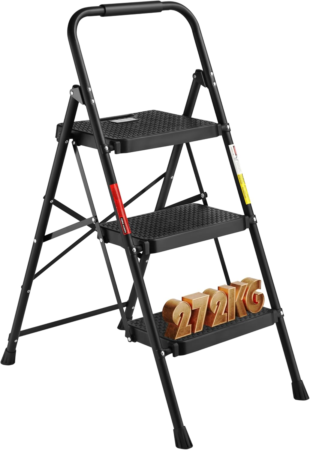 BONTEC 3 Step Ladder, Capacity 272KG with Wide Anti-Slip Pedals, Folding Steel Step Stool, Sponge Handlebar, Lightweight Portable Ladder Suitable for Home, Kitchen, Pantry, Indoor/Outdoor Use, Black image number 5