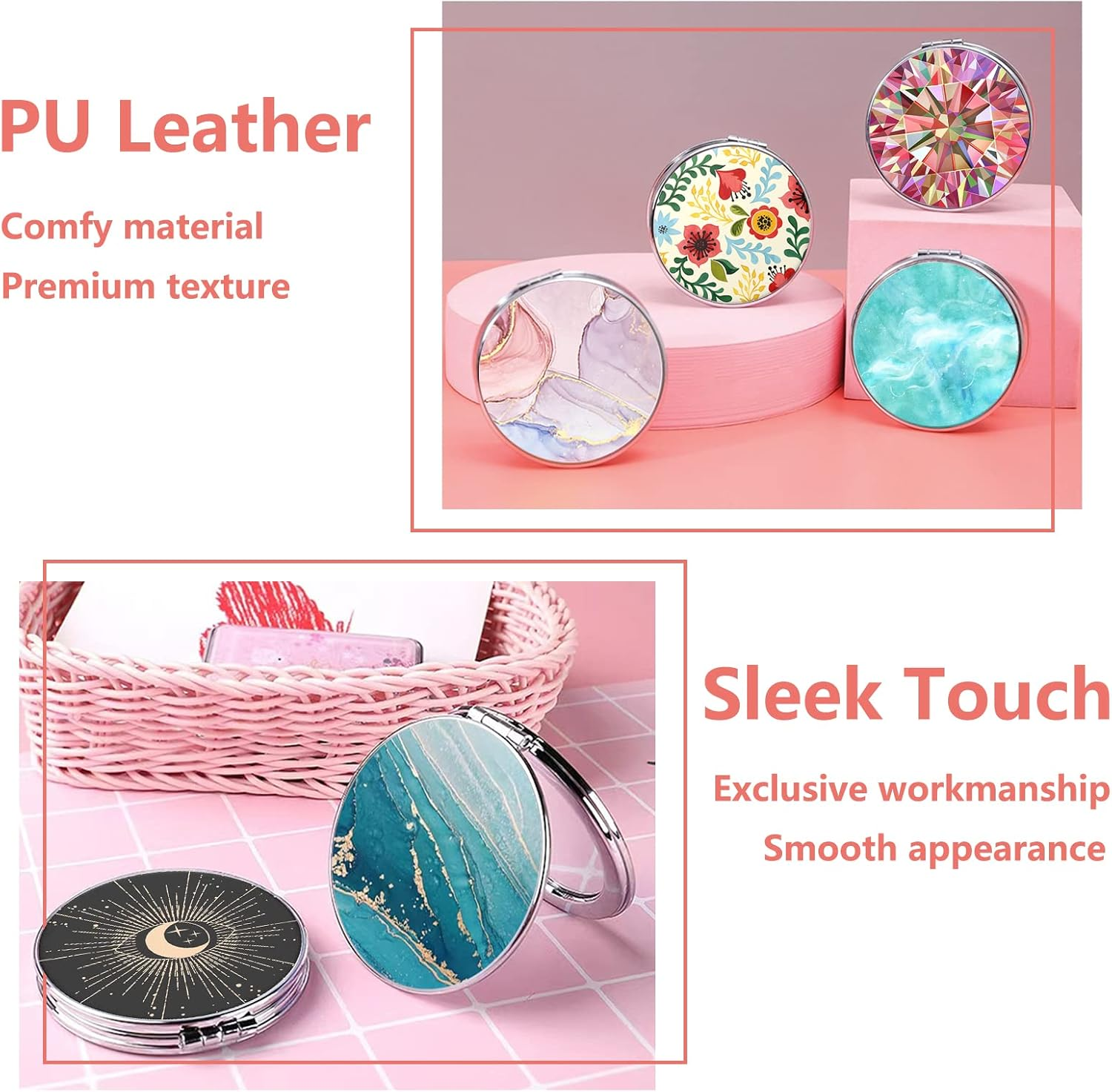 Acedada Pocket Mirror, Compact Mirror, Small Mirror for Purse, Portable Travel Makeup Mirror, Folding Handheld Double-Sided 1X/2X Magnifying Compact Mirror for Women Girls - Black Gilt