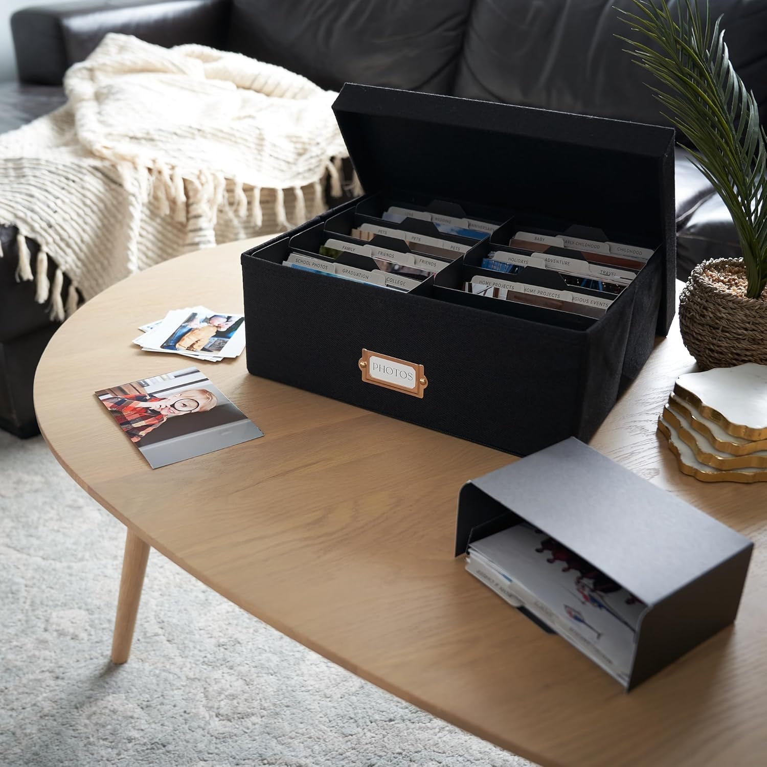 ZICOTO Decorative Photo Storage Box - Sturdy Linen Photo Organizer with Dividers Is Perfect to Store up to 1700 Pictures and 4X6 Photos - Portable Scrapbook Storage Containers with Lid