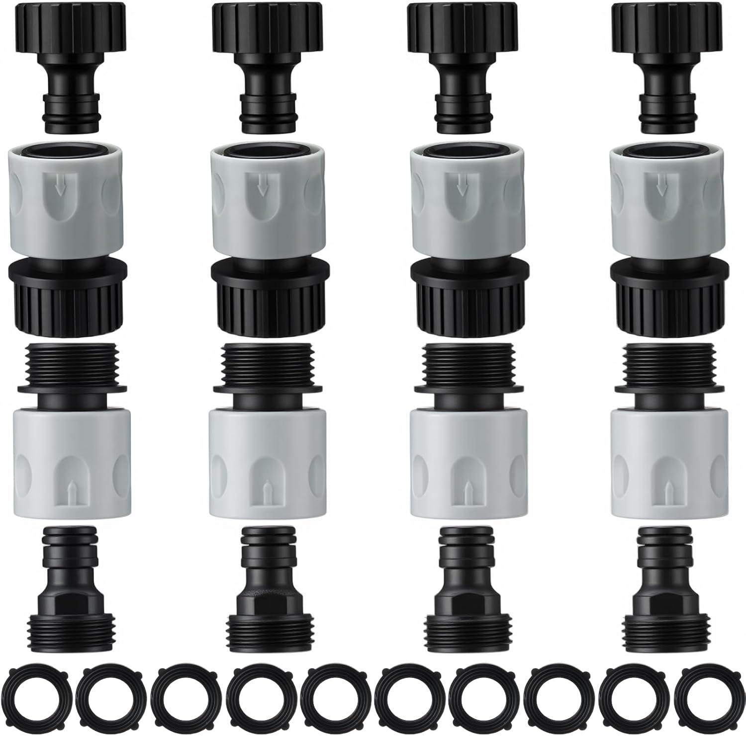 16 Pieces Garden Hose Quick Connector 3/4 Inch Plastic Water Hose Fittings Male and Female Connectors End Adapters with 10 Pieces Rubber Gaskets(Red, Black)