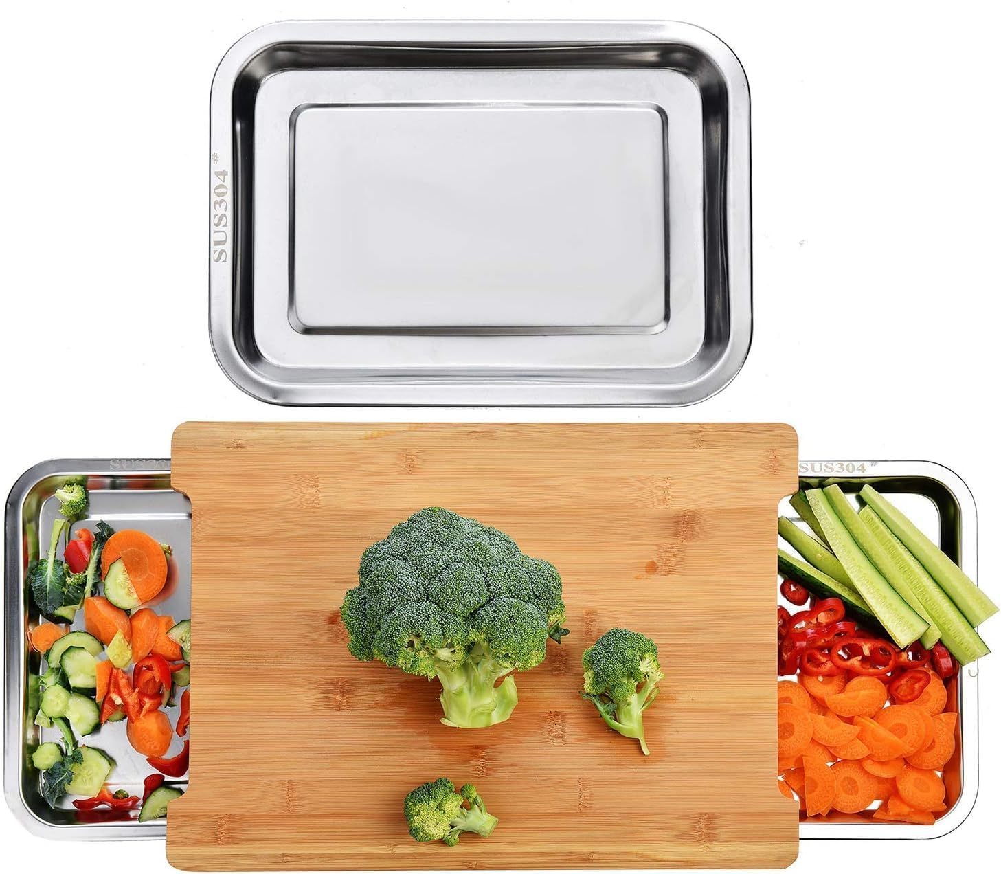 CARLA HOME Chopping Board with Containers, Bamboo Cutting Board with 2 Organiser Stainless Steel Trays, Meal Prep Cutting Board with Containers, Large Wood Cutting Board with Slide Out Trays Kitchen image number 1
