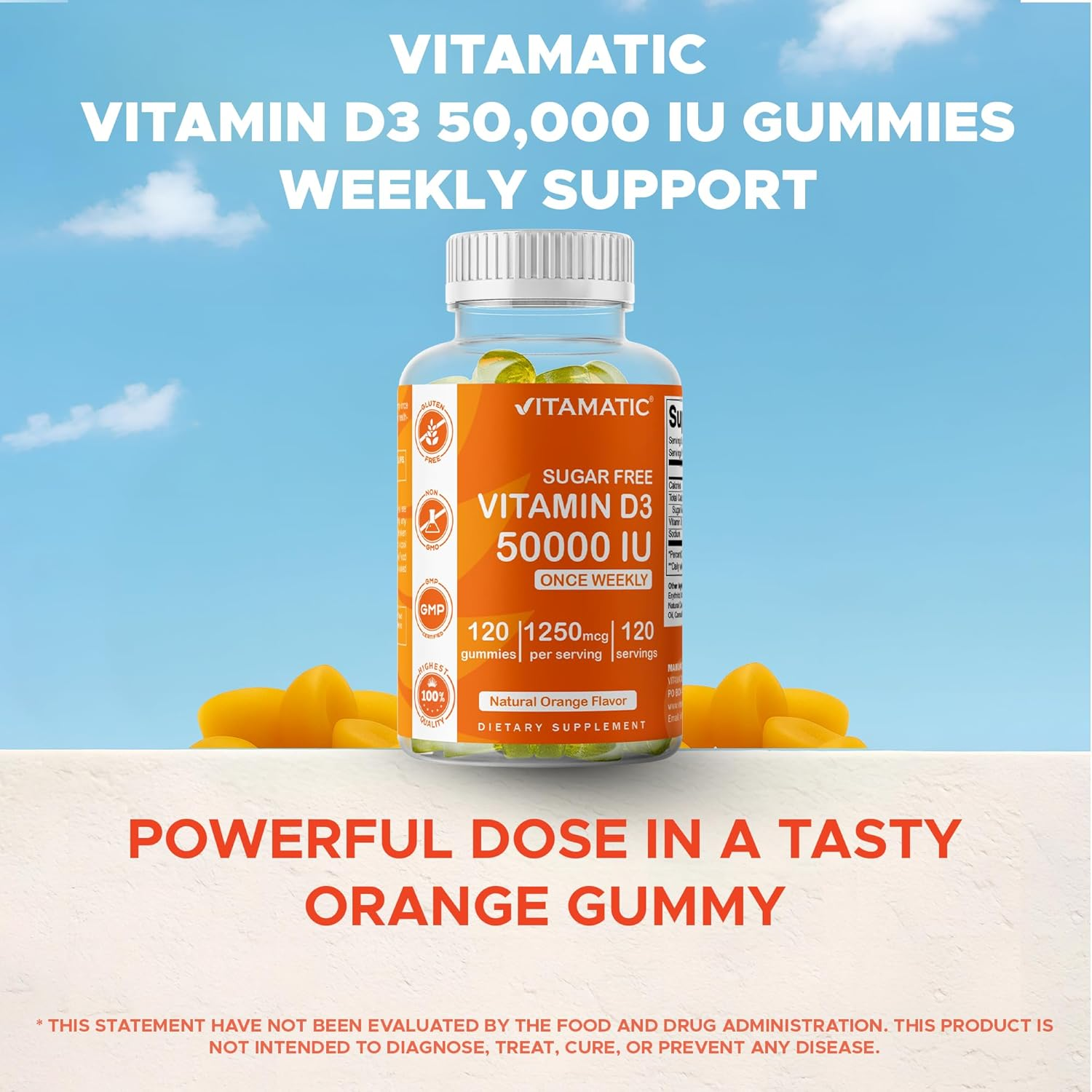 Vitamatic Sugar Free Vitamin D3 Gummies, 50,000 IU Weekly, 120 Pectin Based, for Bones, Teeth and Immune Support image number 6