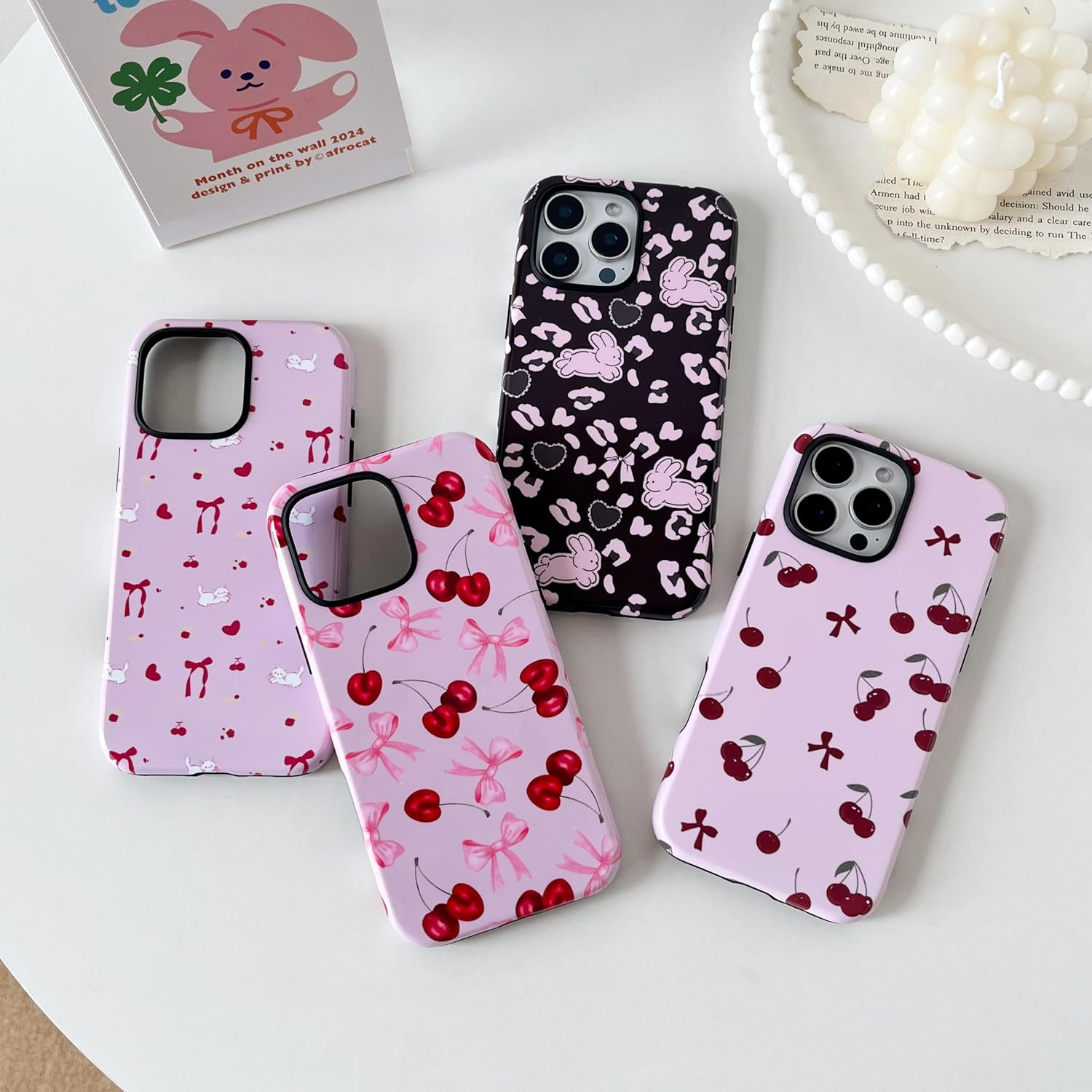 DEFBSC Case for Iphone 16 Pro Max, Cute Pink Bow Cherry Print Aesthetic Trendy Pattern for Women Girls Slim Durable Bumper Shockproof Hybrid Hard Back Phone Cover, Big Ribbon/Glossy image number 4