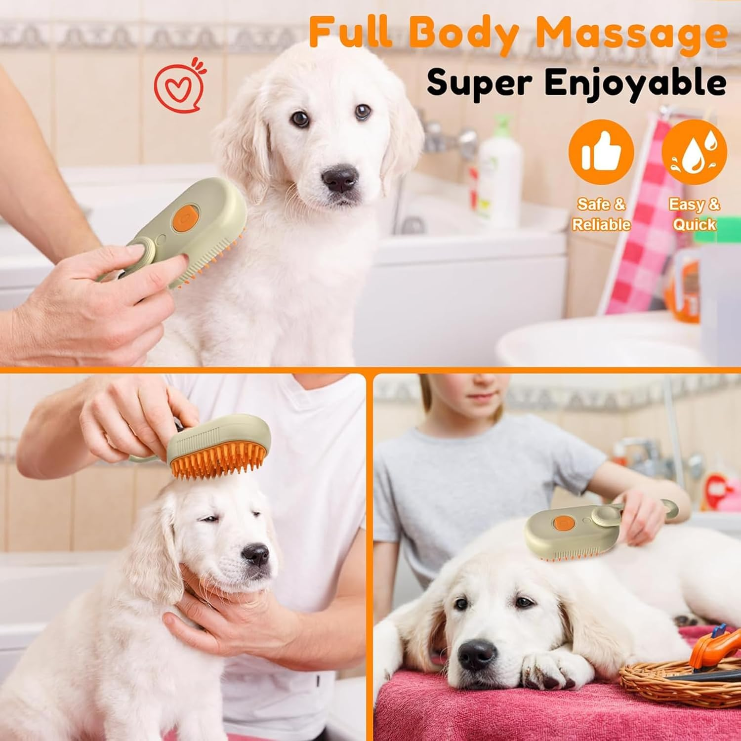 Steam Cat Brush, Pet Hair Removal Comb with Water Tank, 3-In-1 Steam Brush for Cats, Cat Care Brush, Pet Hair Removal Comb for Cats and Dogs (Khaki Colour)