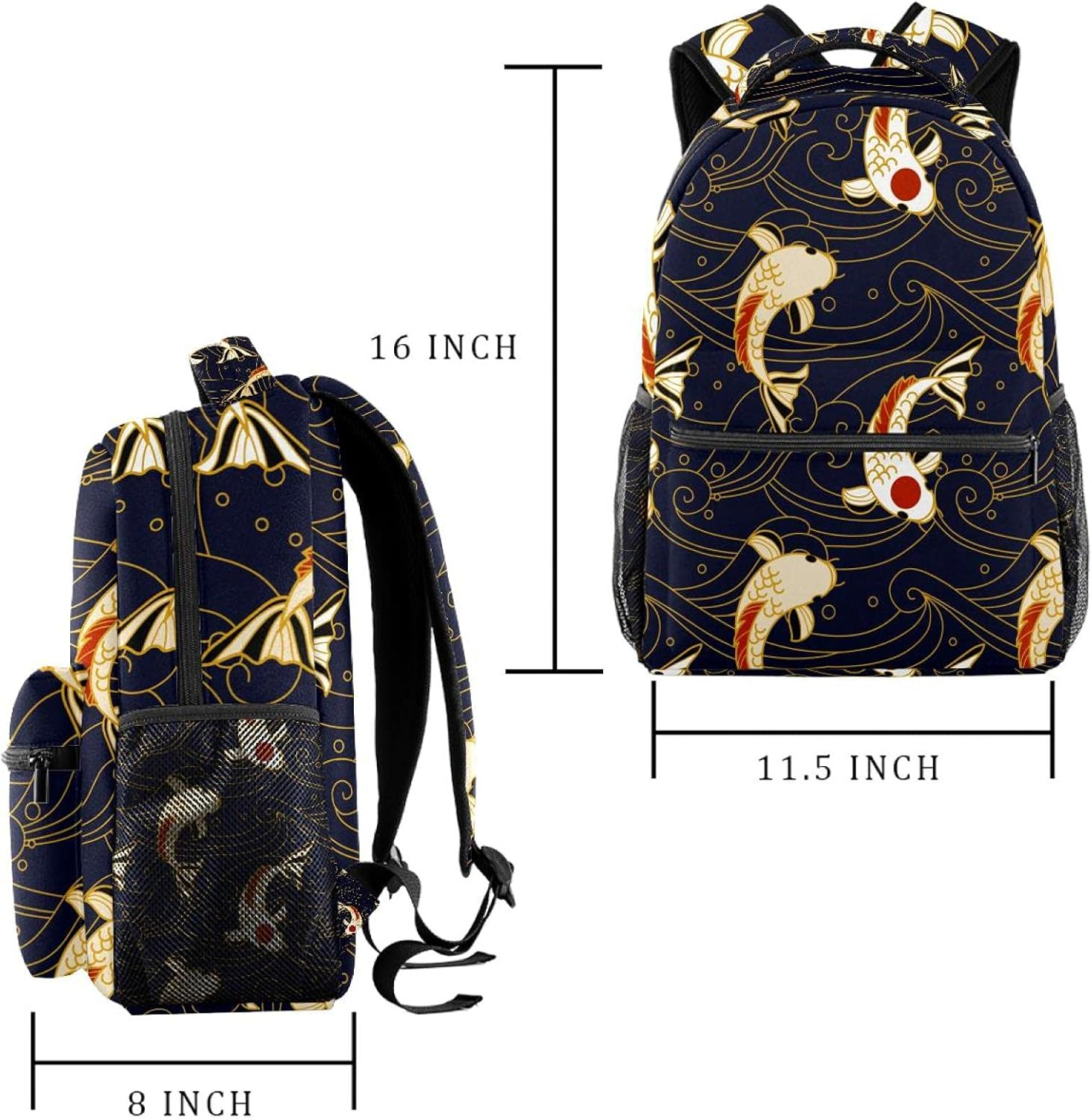 Koi Fish and Waves in Japanese Style Backpack Students Shoulder Bags Travel Bag College School Tote Backpacks image number 2
