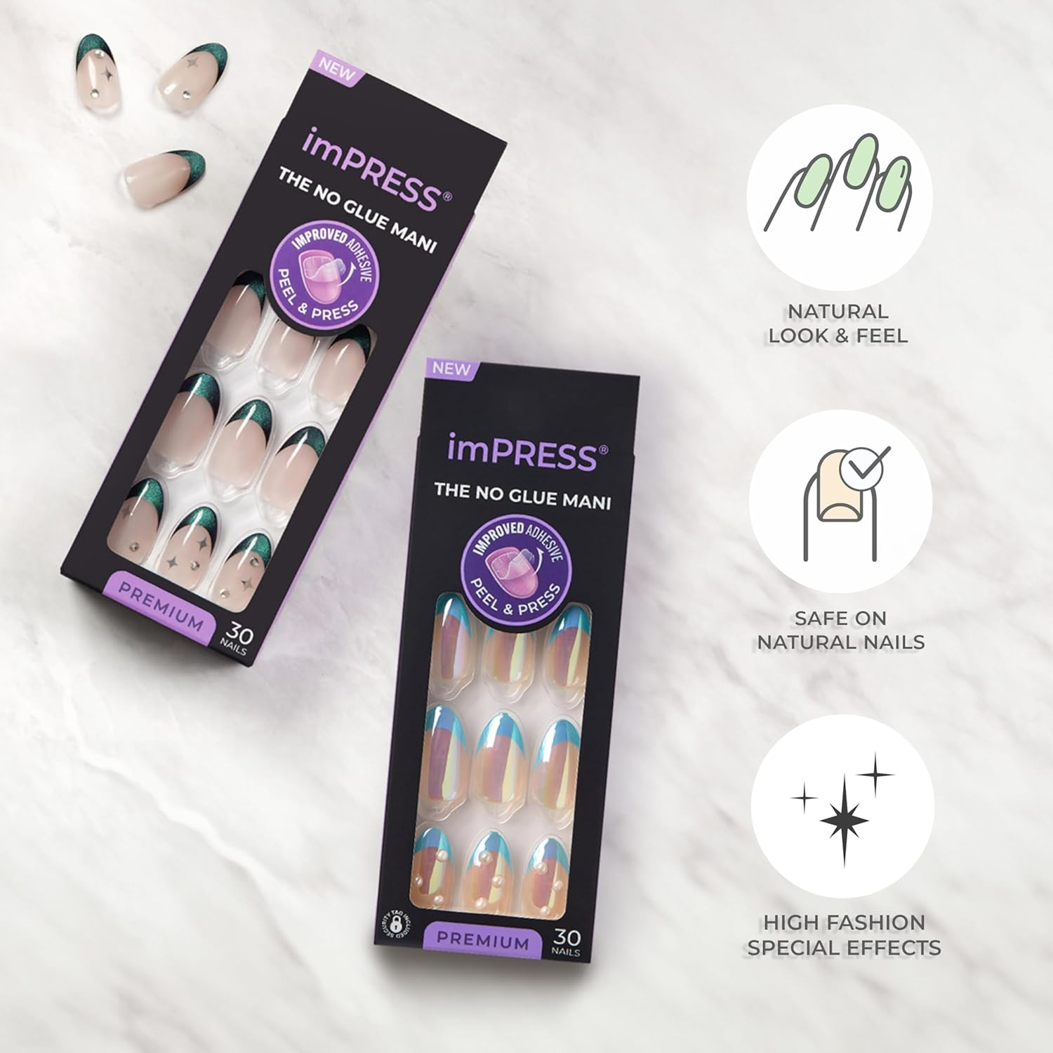 KISS Impress No Glue Mani Press on Nails, Premium, 'Memory Lane', Silver, Medium Size, Coffin Shape, Includes 30 Nails, Prep Pad, Instructions Sheet, 1 Manicure Stick, 1 Mini File image number 3