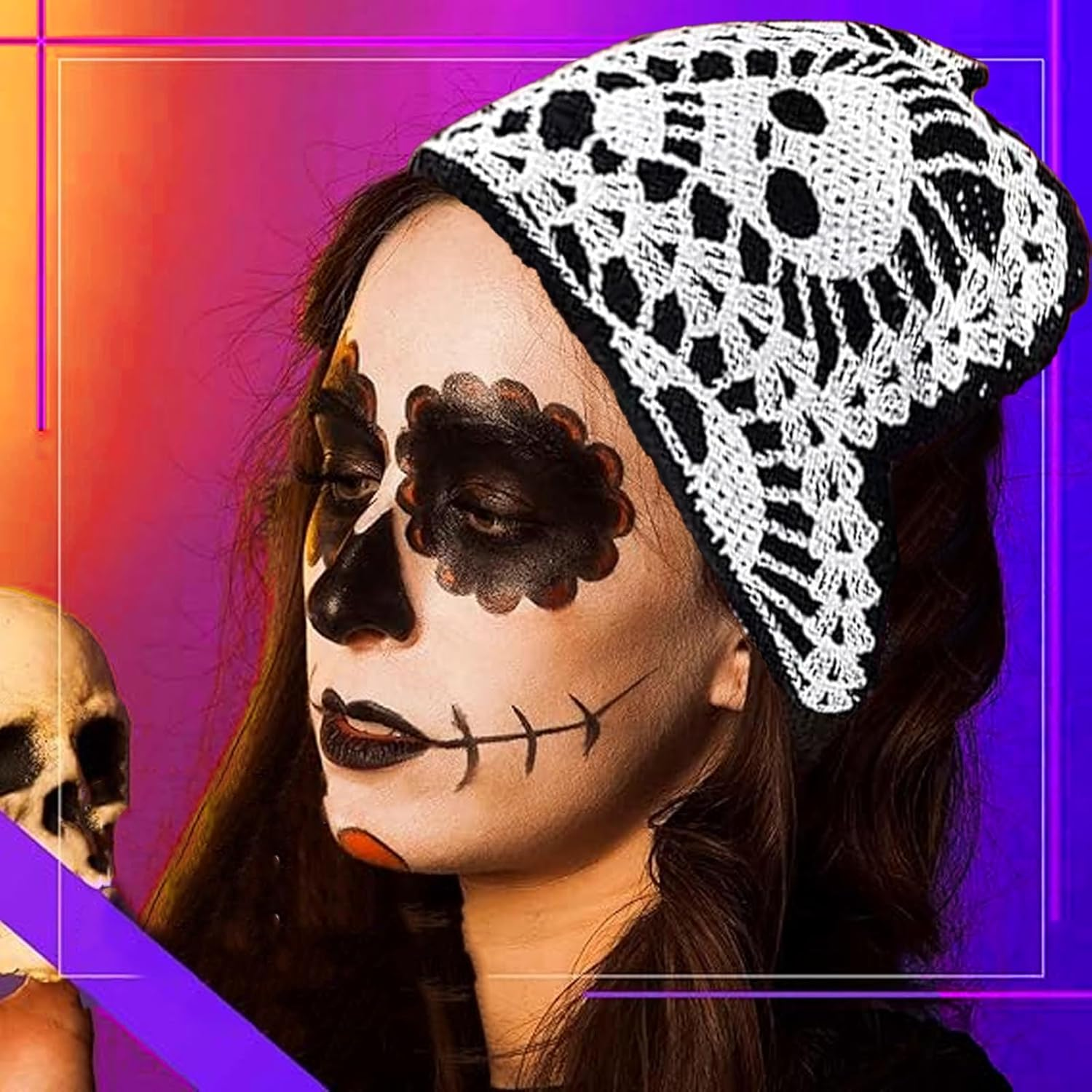 Black Skull Headbands &ndash; 2PCS Crochet Gothic Bandanas with Spider Accents Christmas Hair Accessories for Women Witchy Boho Head Scarf & Festival Hair Band image number 3