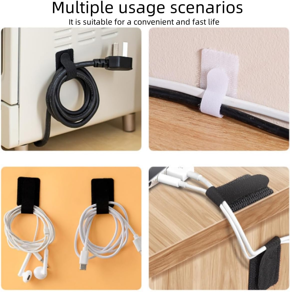 100Pcs Reusable Cable Ties,Self Adhesive Hook Loop Tape Heavy Duty Cable Straps, Sticky-Back Cord Organizer, Cable Clip, Household & Office Essentials (Black, White) image number 5