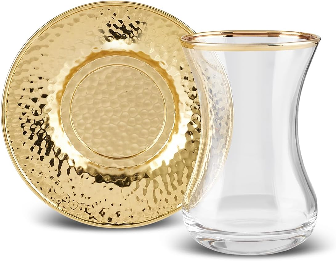 KARACA Ada Turkish Tea Cups Set of 18 Turkish Tea Glasses Cups and Saucers for 6 People, Includes Saucers and Teaspoons, 130 Ml, Gold