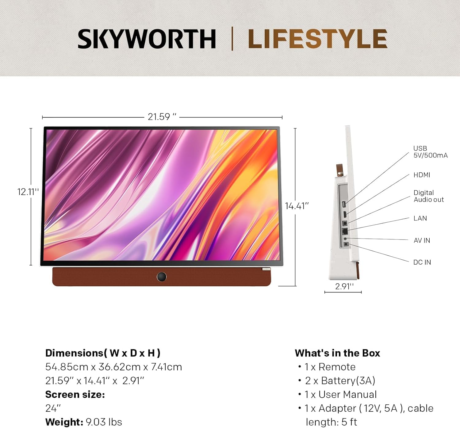 SKYWORTH 24-Inch Portable Tv,3-Hour Battery,1080P Fhd,Wide Viewing Angle,Smart Google TV, HDR10, Dolby Audio, LED, Bluetooth, Chromecast and Google Assistant image number 2