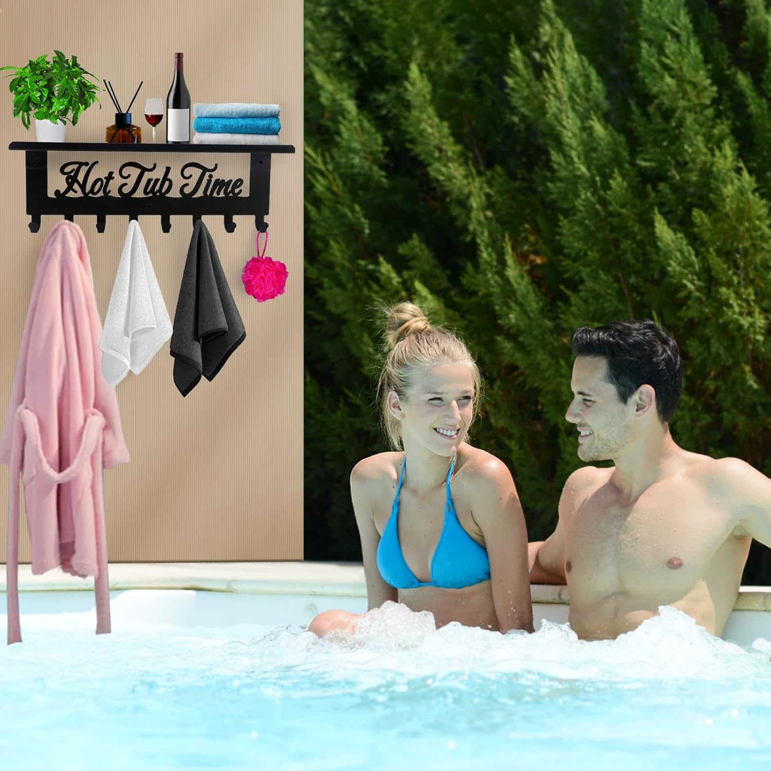 Hot Tub Towel Rack 8 Hooks Hot Tub Accessories with Shelf Bathroom Towel Holder Organizer Outdoor Wall Mount Decor in Bath Hot Spring Swim Pool Hotel image number 4