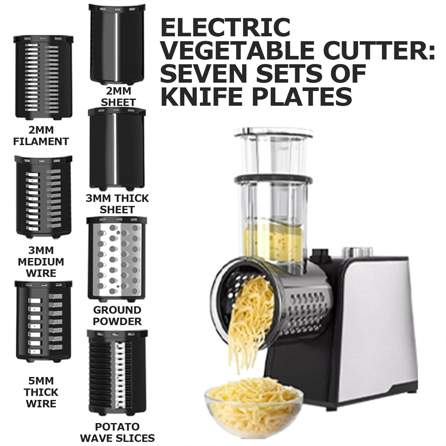 400W Cheese Grater, Electric Vegetables Dicer with One-Touch Control 7 Blades for Potato, Nuts, Kitchen Chopper Vegetable Cutter with Non-Slip Suction Base