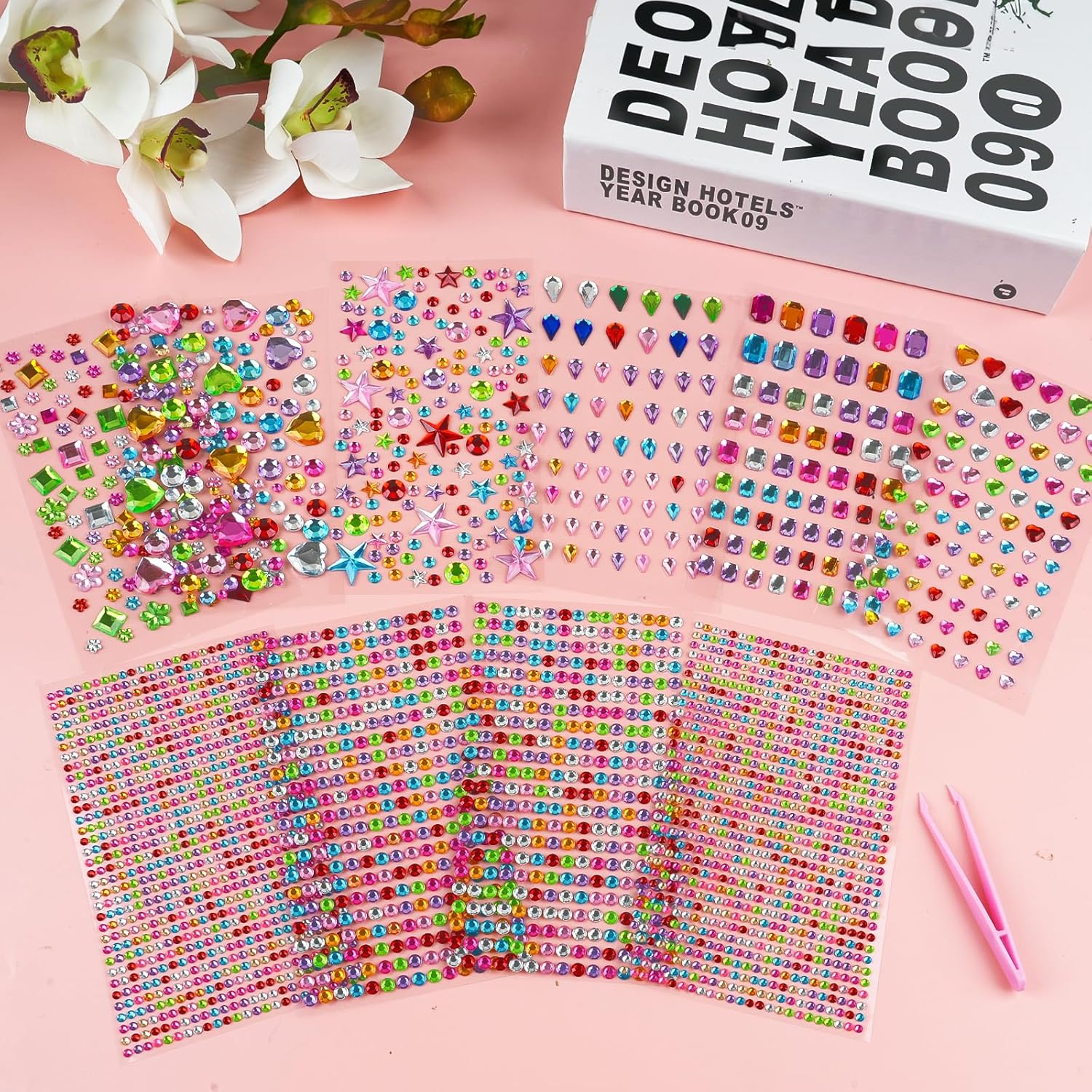 Pack of 3500 Self-Adhesive Glitter Stones, Colourful Acrylic Rhinestones, Self-Adhesive with Tweezers, Various Shapes Glitter Stones for Crafts, Glitter Stickers for Children, Photo Frame, Craft Items image number 4