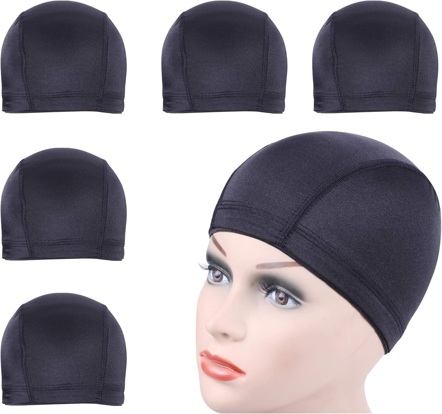 5 Pcs Black Dome Cap for Wig Making Stretchable Hairnets with Wide Elastic Band (M) image number 3
