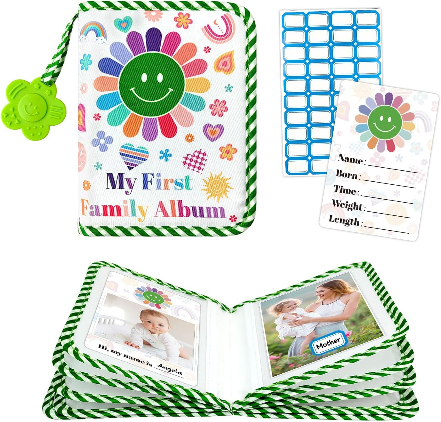 BOHEMIABY Baby Photo Album, My First Soft Photo Book Accommodates 4X6 Photos, Photo Albums with Milestones, Safety Mirror First Birthday (Blue Palms)