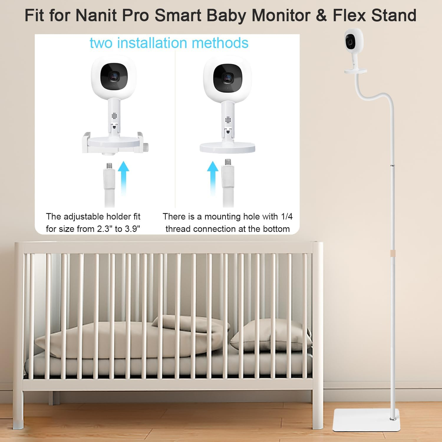 67" Adjustable Height Baby Monitor Floor Stand Holder for Nanit Pro Smart Baby Monitor & Flex Stand,Owlet Cam/Cam 2 /Owlet Duo 2, Baby Monitor,Also Cameras with 1/4 Thread Connection image number 2