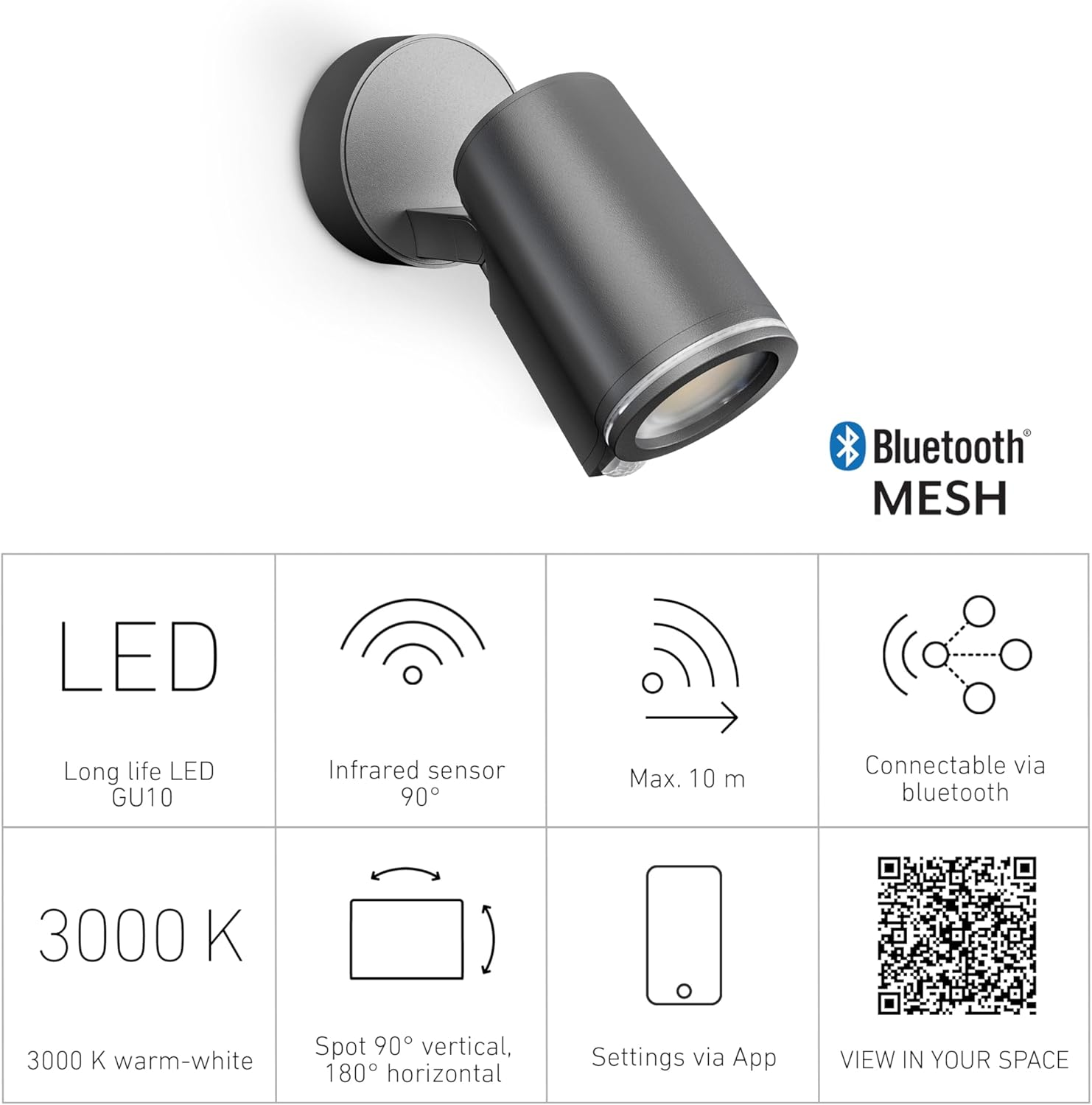 Steinel Spotlight Spot ONE SC Anthracite, 90&deg; Motion Detector, Including LED Bulb, via Bluetooth App, Aluminium, 7.9 W image number 3