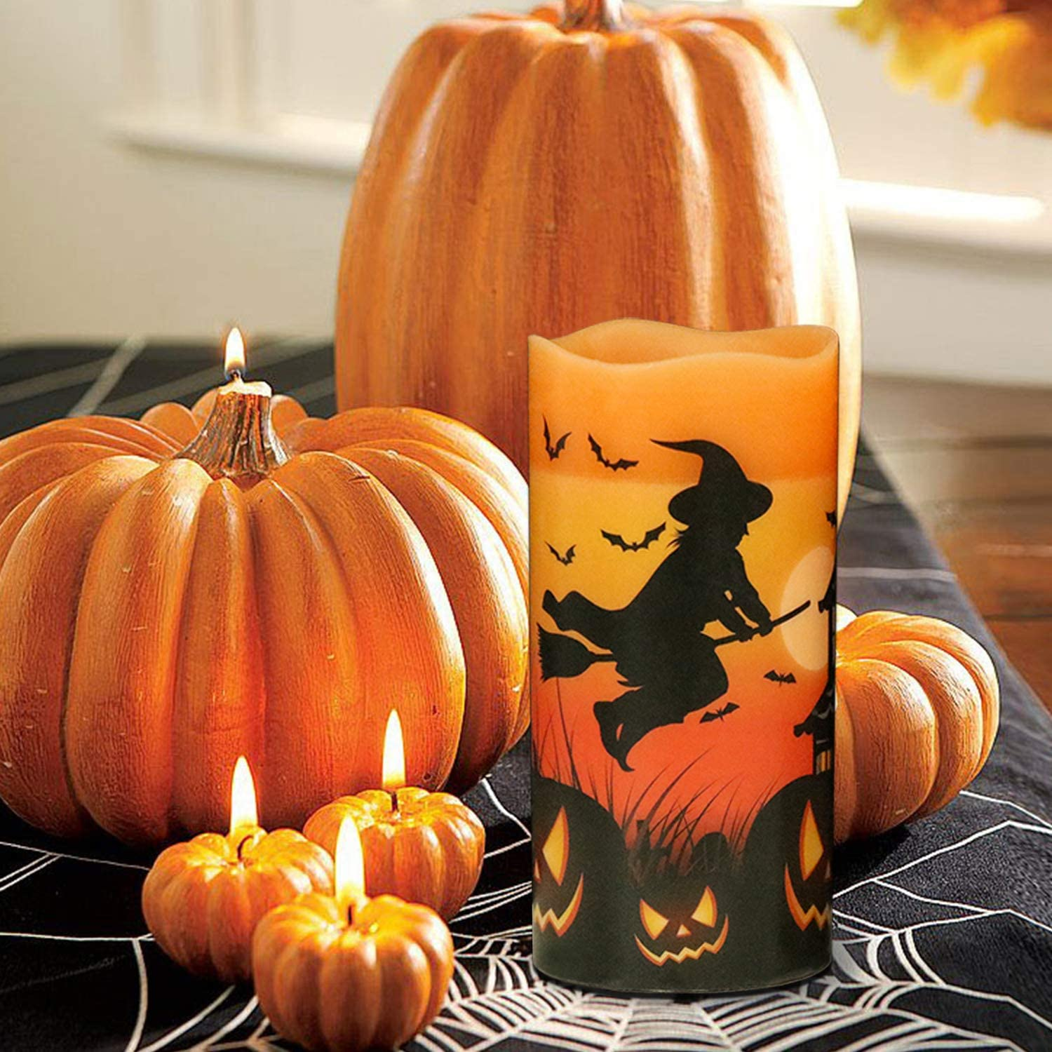 Eldnacele Halloween Flameless Flickering LED Candles with 6-Hour Timer, Battery Operated Wax Candles Assorted Decals Witch, Pumpkin, Bats, Castle Set of 3 for Decoration image number 1