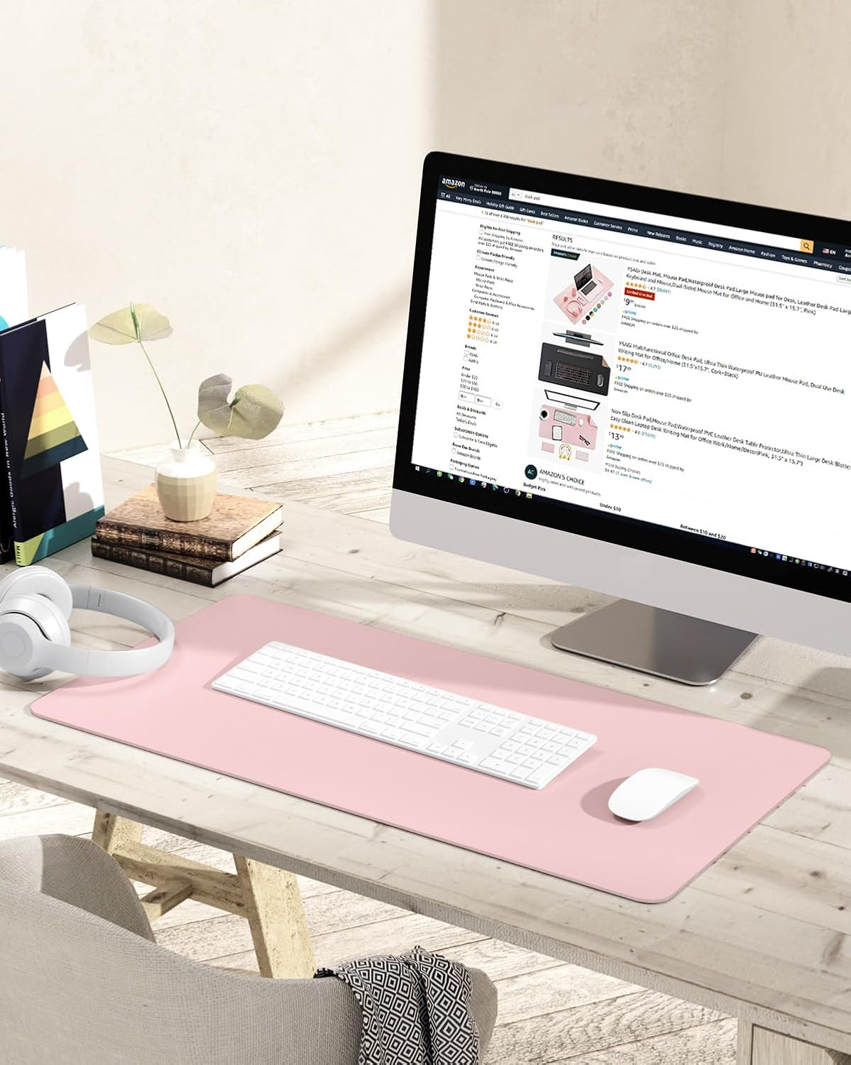 Non-Slip Desk Pad,Mouse Pad,Waterproof PVC Leather Desk Table Protector,Ultra Thin Large Desk Blotter, Easy Clean Laptop Desk Writing Mat for Office Work/Home/Decor(Pink, 31.5" X 15.7") image number 3