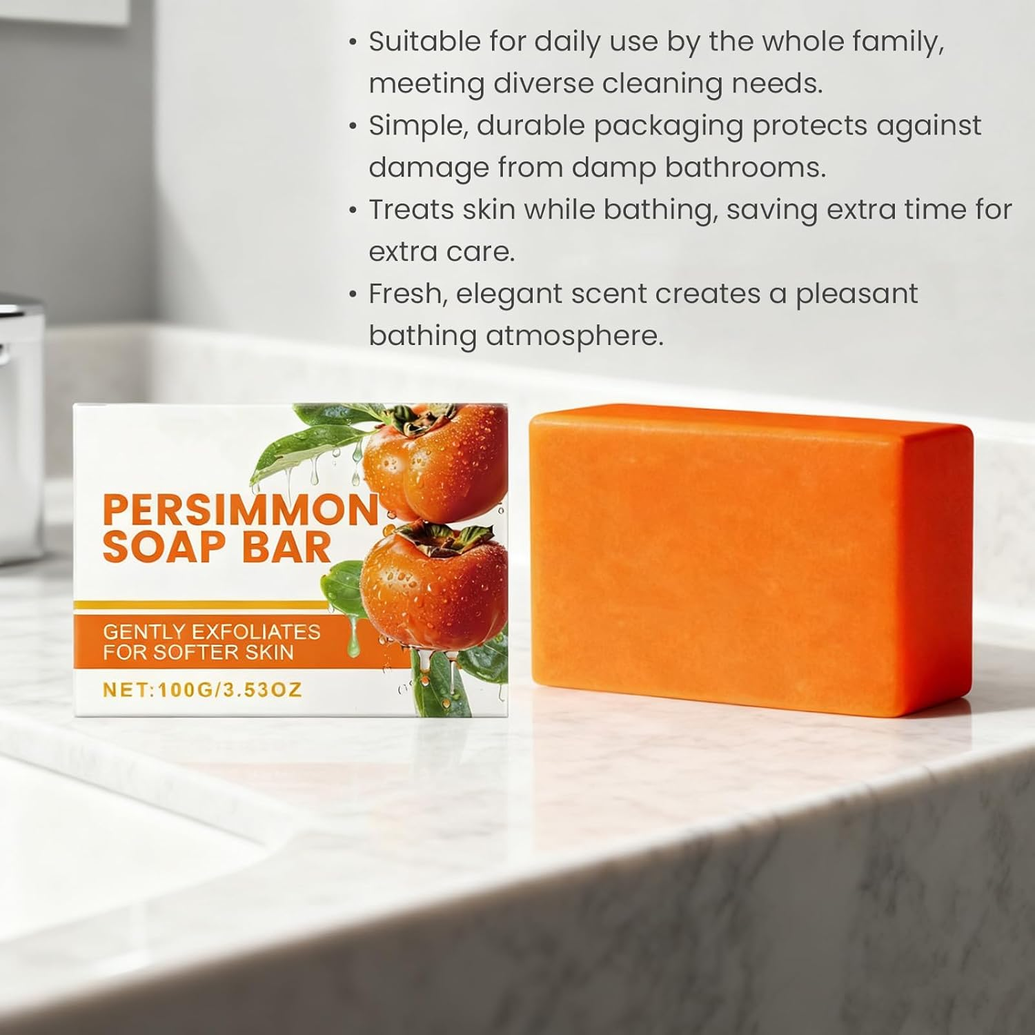 Persimmon Soap Bar for Body Odour Removal, Deodorant Bath Soap for Men & Women, Cleansing & Moisturising Face & Body, Exfoliating Bars with Persimmon & Honey, Light Scent for Smooth Skin (6Pcs)