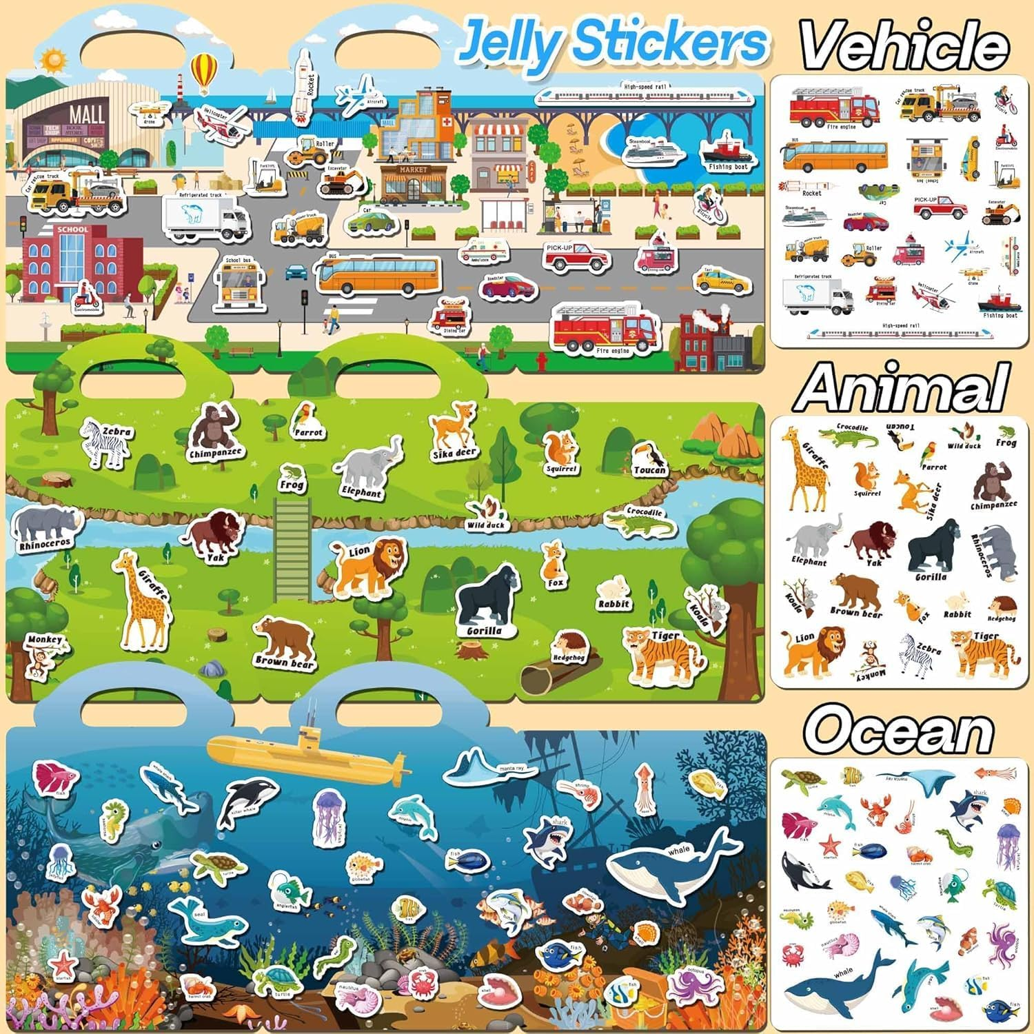 6Pack Sticker Books, 3D Puffy Reusable Sticker Book for Kids 2-4 Toys, Includes 6 Themes Ocean, Animals, Vehicles, Dinosaur, Supermarket, Space, Activities Book for Kids Party Favors Birthday Gifts image number 6