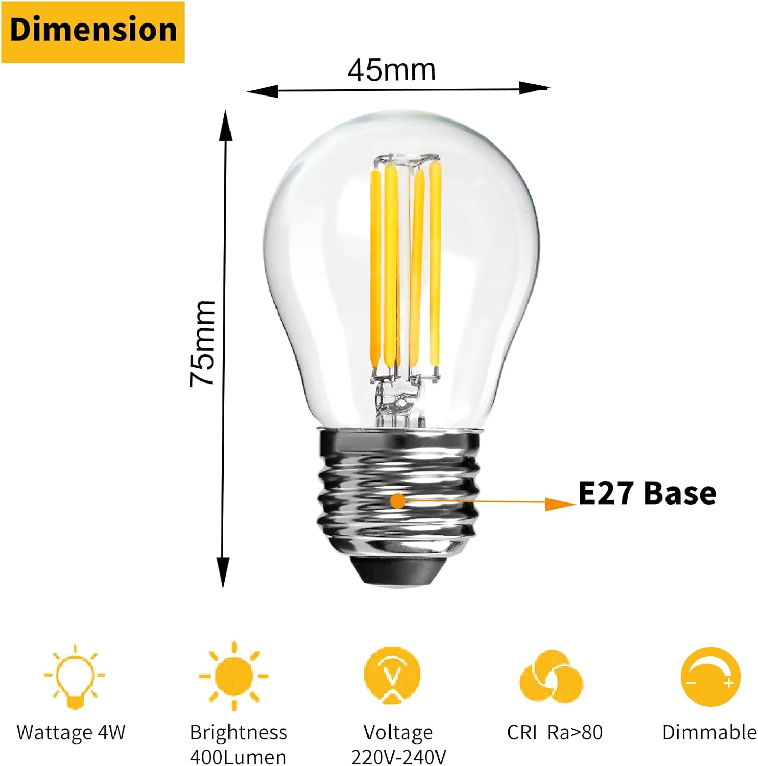 Spacelumen E27 Dimmable Bulbs 4W 40W Equivalent G45 Golf Ball Bulbs, Warm White 2700K, Vintage Led Edison Screw Bulb for Celling Fan Vanity Light & Pendant Light, 4-Pack image number 1