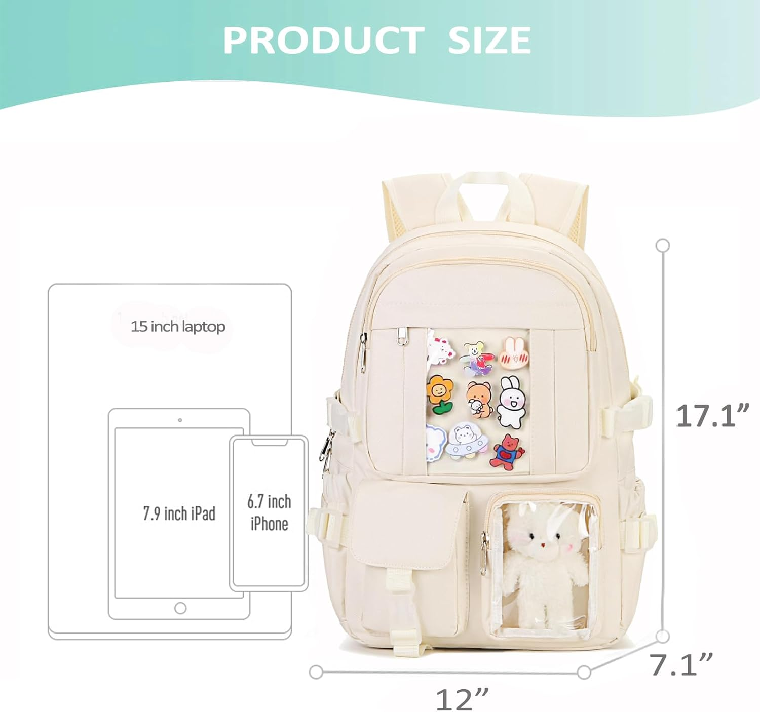 PRLINJSK Kawaii Backpack for Teen Girls, Cute Aesthetic High Middle School College Bookbag with Accessories - Black White image number 5