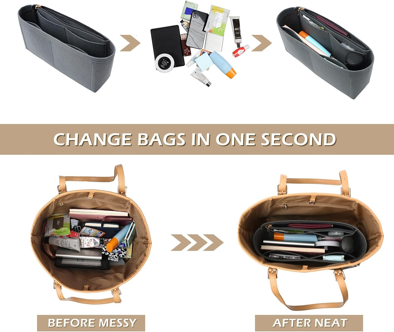 Surblue Purse Organizer Insert for Handbags, Felt Bag Organizer with Zippers Handbag Shaper Pouch for Classic 19 Flap Bag, Marmont, Onthego,（Grey, Slender M）