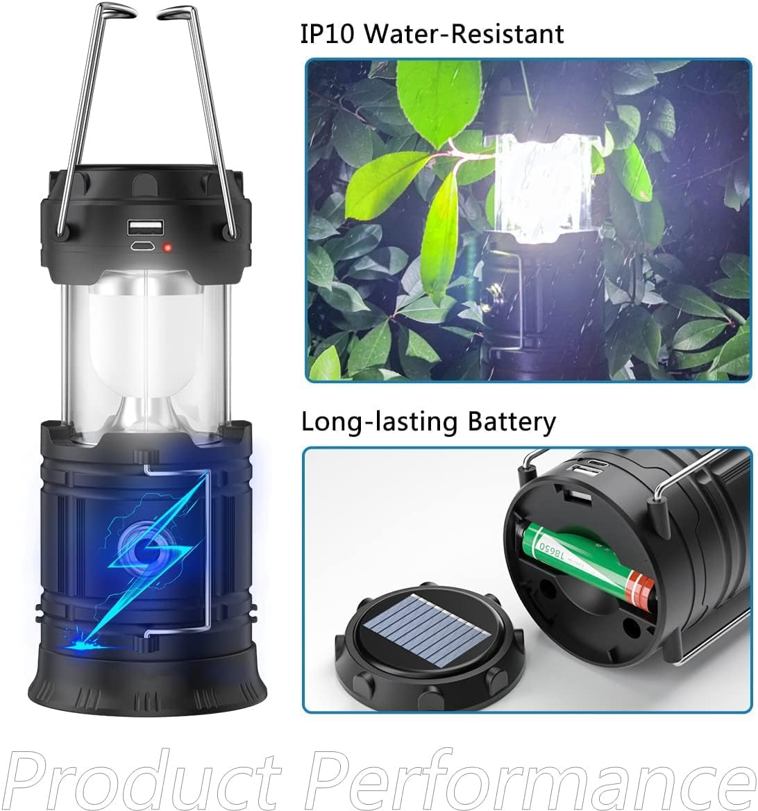 2025 Upgrade Solar Powered Camping Lantern, Flashlights Charging for Phone, USB Rechargeable LED Camping Lantern, Collapsible & Portable for Emergency, Hurricanes, Power Outage, Storm (Black*1)