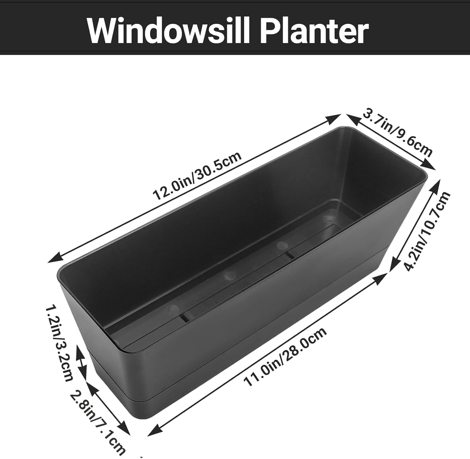 Black Rectangle Window Boxes, Greaner 3 Pack 12X3.8 Inch Herb Planters with Tray, Indoor Succulent Cactus Mint Plastic Pot for Windowsill, Garden Balcony, Office Outdoor Decoration image number 7