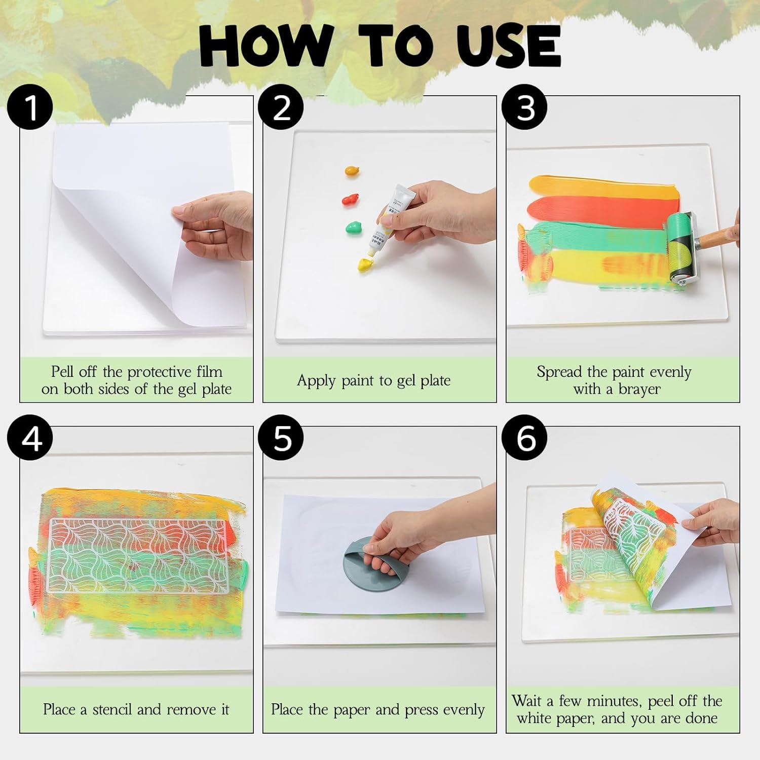 Gel Printing Plate Kit, Complete Printmaking Set with 9'' X 12'' Gelatin Plate, Brayer, Printmaking Paper, Acrylic Paint and Essential Tools for Mixed Media Art, Monoprinting, Card Making image number 4