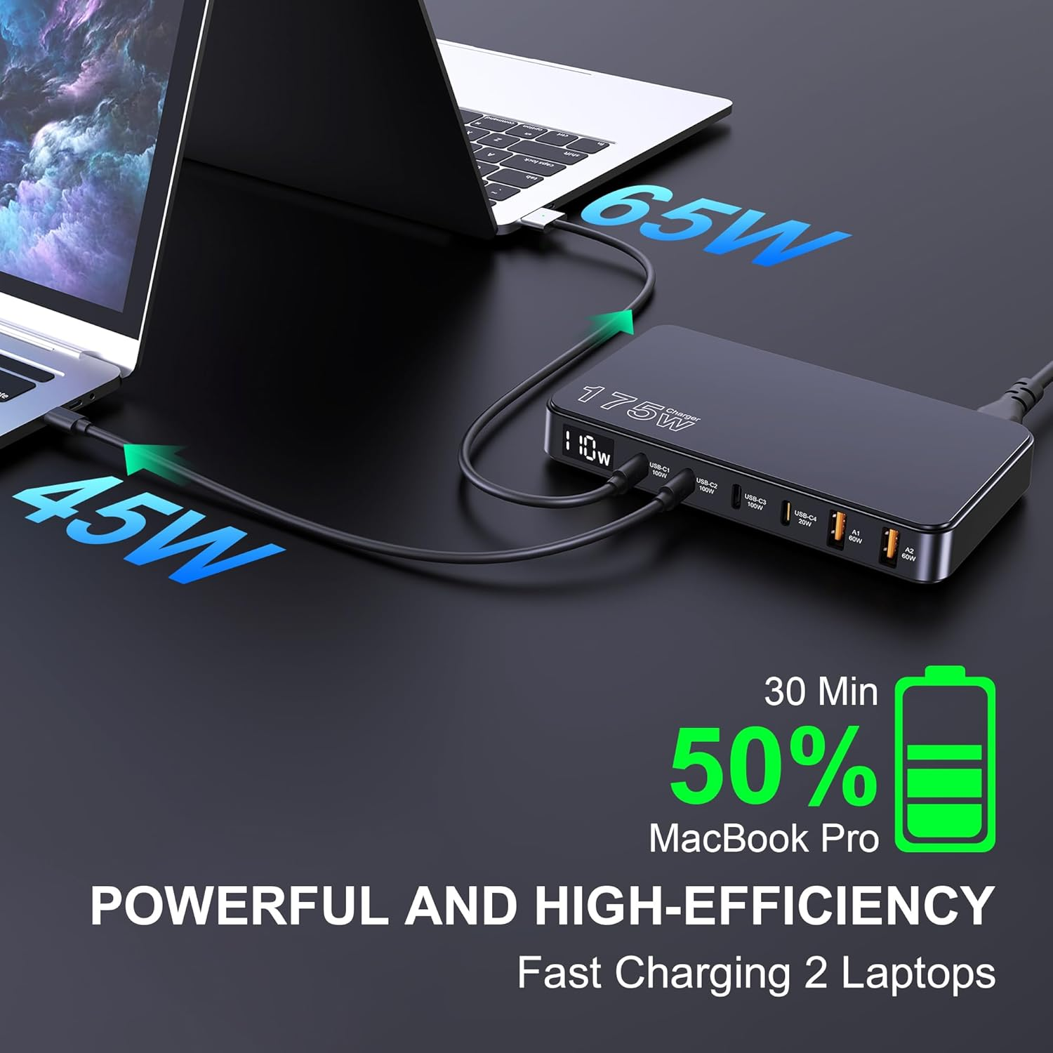 Tobetravel 175W USB C Charger, 6-Ports LCD Display Ultra-Thin Gan Charger, PD 100W PPS 45W QC60W Fast Charging Station for Macbook Laptop, Iphone 16 15, Galaxy S25/S24 Ultra, Ipad and More