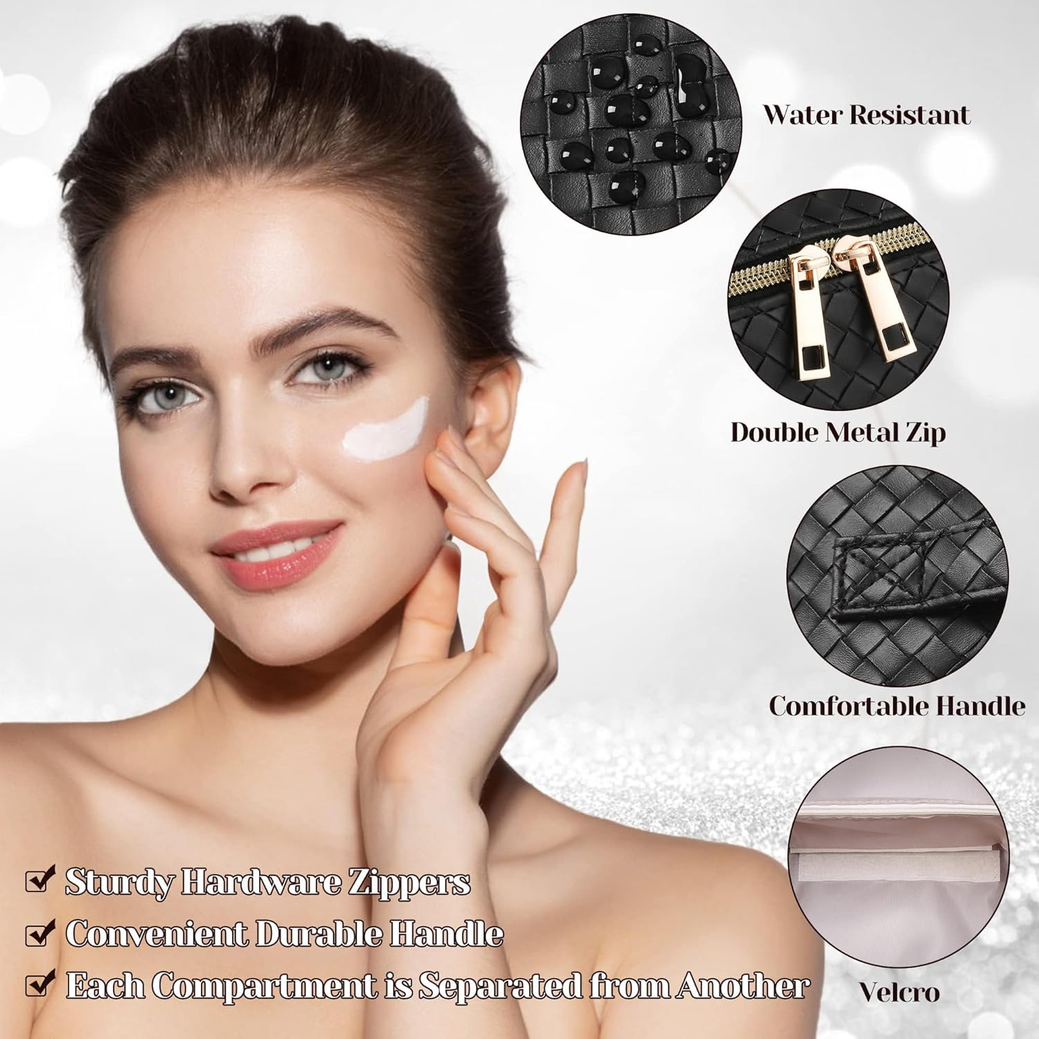 SFXULIX Large Capacity Travel Cosmetic Bag - Makeup Bag, PU Leather Waterproof Cosmetic Bag, Women Portable Travel Makeup Bag with Handle and Divider Flat Lay Makeup Organizer Bag, Black, Fashion image number 2