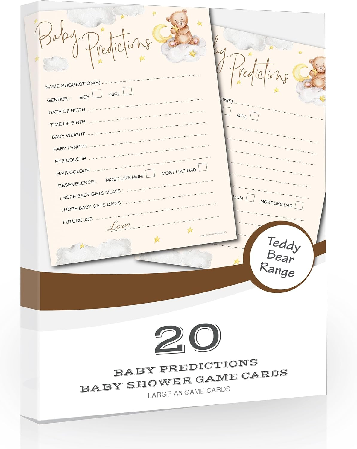 20 X A5 Baby Prediction Cards Teddy Bear Themed Baby Shower Game &ndash; Unisex &ndash; Made in the UK image number 2