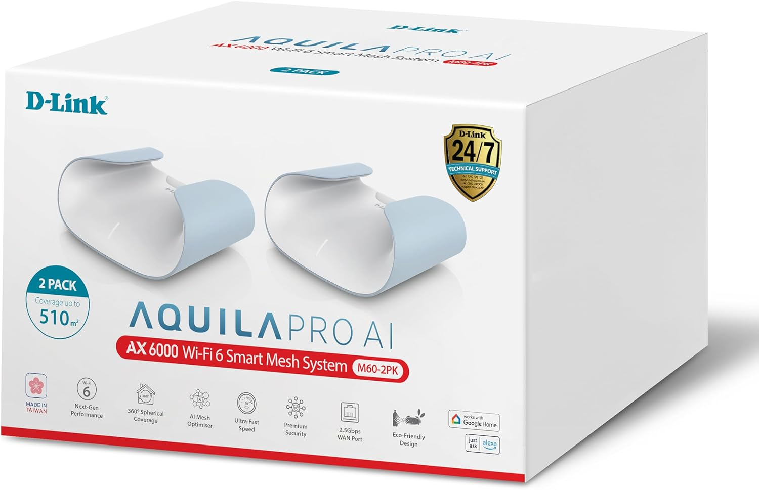 D-Link Aquila PRO AI AX6000 Wi-Fi 6 Mesh System (M60 2-Pack) - Dual-Band Wi-Fi 6 Mesh System, 510Sqm Coverage, 2.5Gbps WAN Port, WPA3 Security, Voice Control image number 1