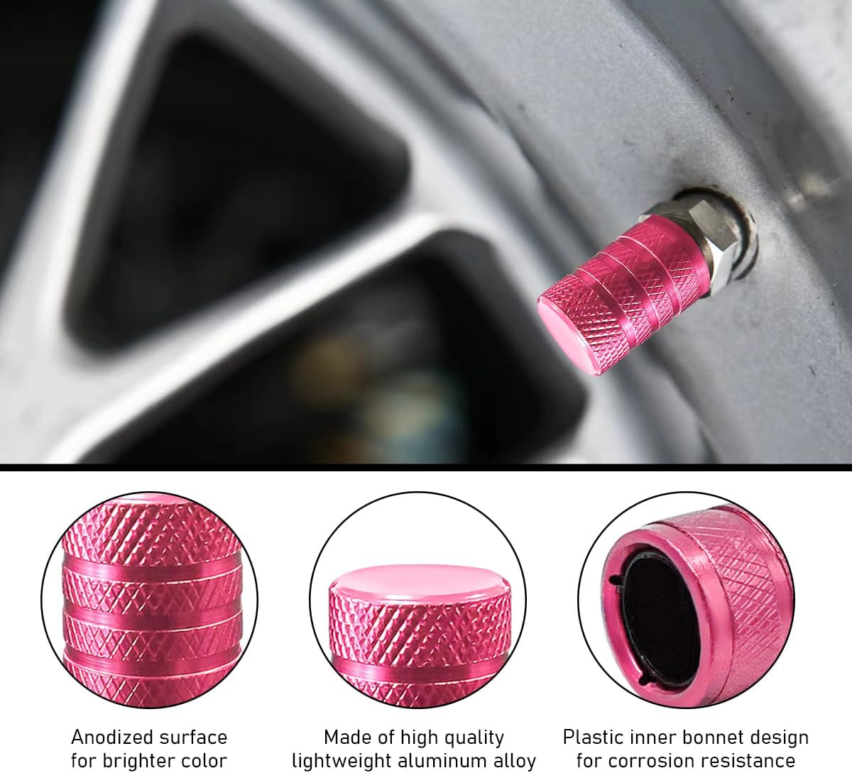 5 PCS Car Tire Valve Stem Caps, Aluminum Auto Wheel Stem Cover with O Seal, Corrosion Resistant Vehicle Tire Air Caps for Truck Motorcycle Bike, Universal Car Accessories (Pink) - Golden image number 6