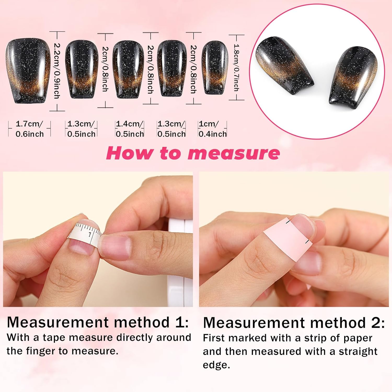 Sethexy Handmade Black Cat Eye Gradient False Nails Sparkle French Medium Press on Nails Sparkle Shiny Acrylic False Fingernails Removable for Women and Girls image number 4