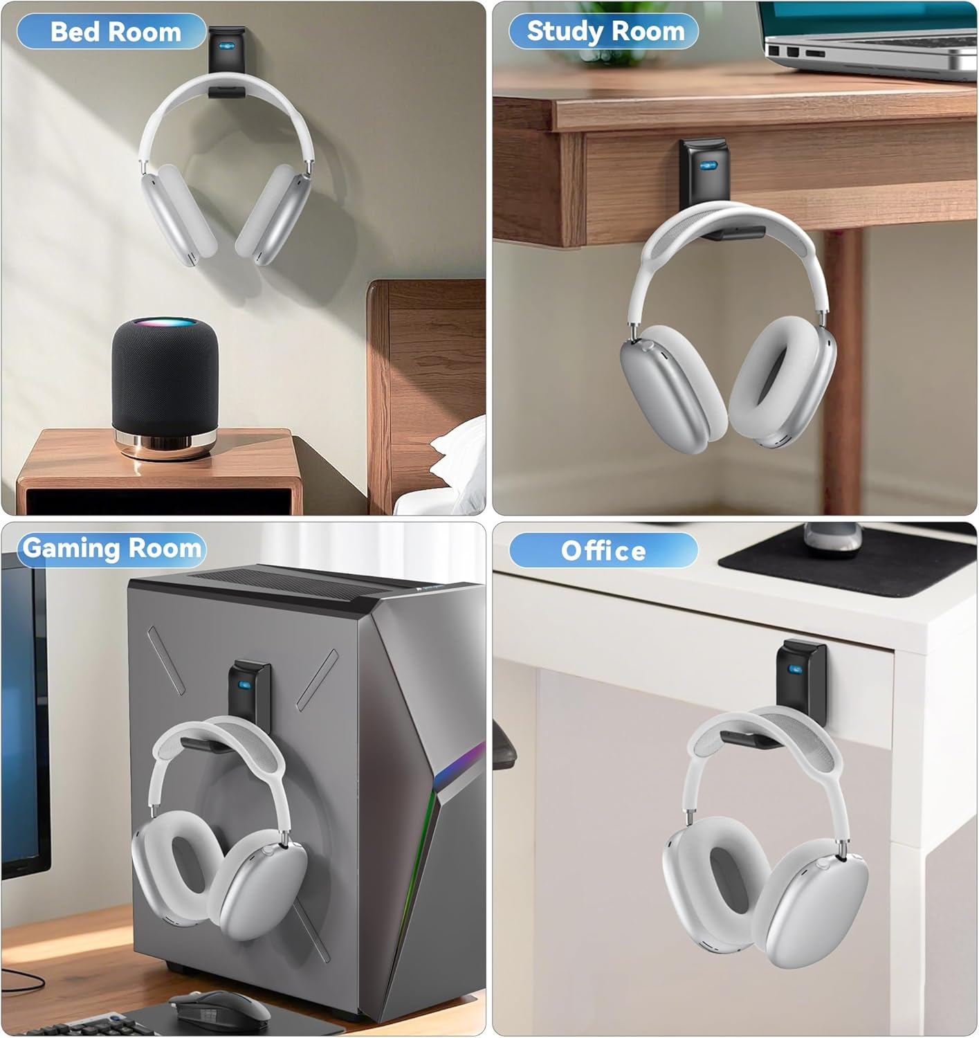 Headphone Stand, Wall Mount Headset Hanger, Gaming Headphone Holder Hook Clip, Foldable Headset Stand Desk Holder for PC Earphone Accessories, Black image number 4