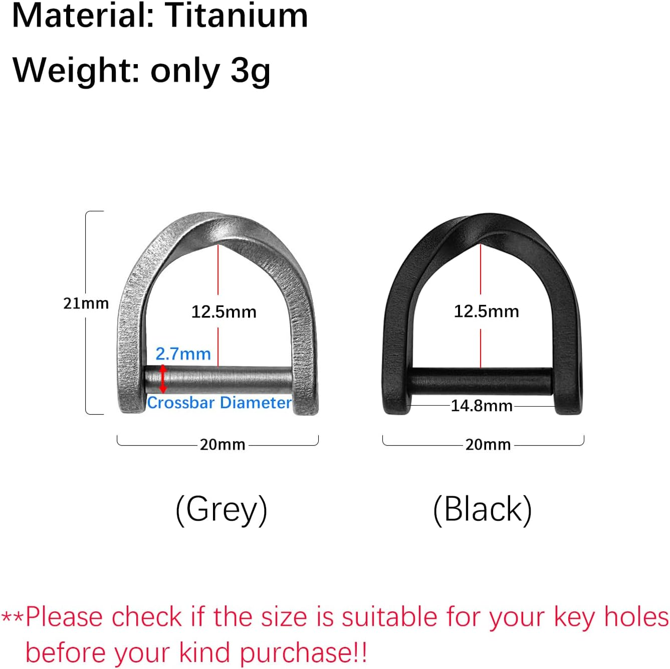 Titanium U Shape D Rings, Screw Shackle Keychain Rings for Car Keys, Horseshoe Keyring image number 4
