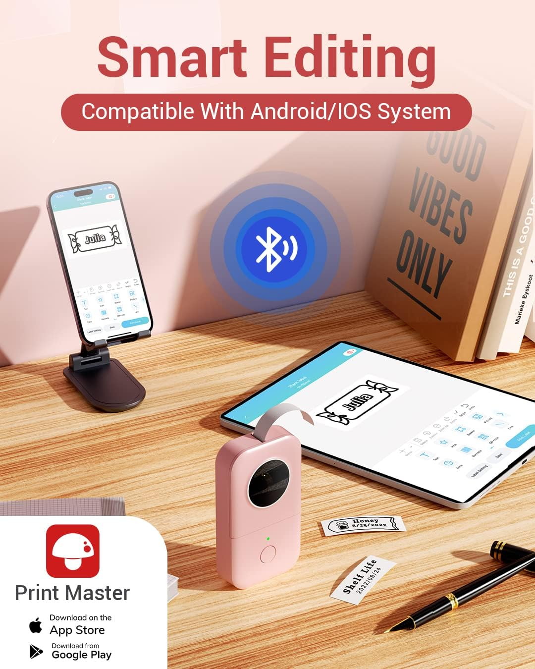 Label Printer-Phomemo D30 Portable Thermal Label Maker Bluetooth Labelling Machine Sticker Printer for Home Kitchen School Office Store, Pink image number 4