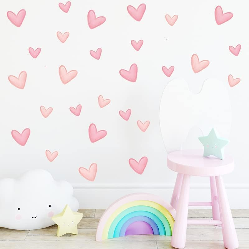 60Pcs Pink Heart Shape Wall Stickers for Bedroom Living Room Girls Room Decoration Kids Room Baby Nursery Room Wall Decals Interior Wallpaper PVC Murals image number 4