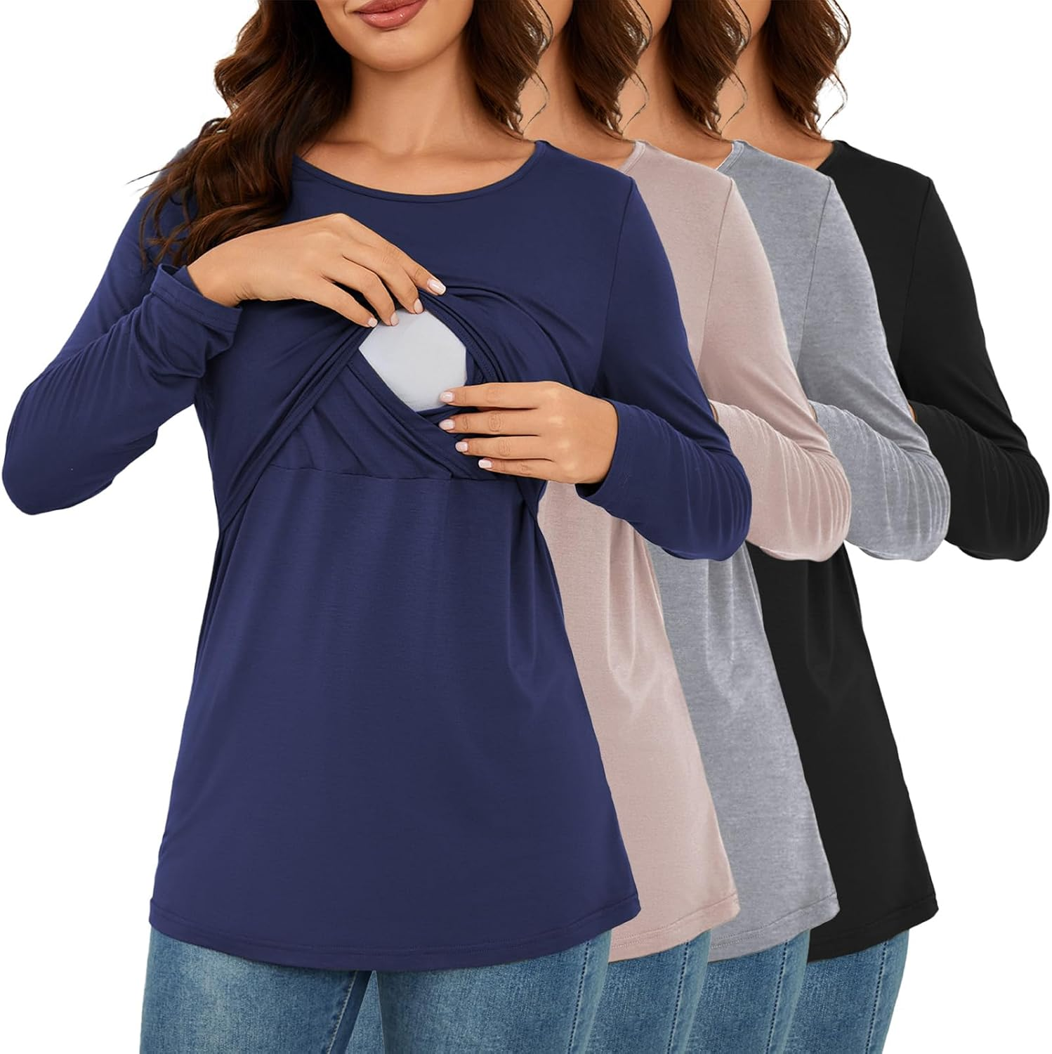 Liu & Qu 4-Pack Womens Nursing Tops Long Sleeve Breastfeeding Shirts Double Layer Fall Maternity Clothes
