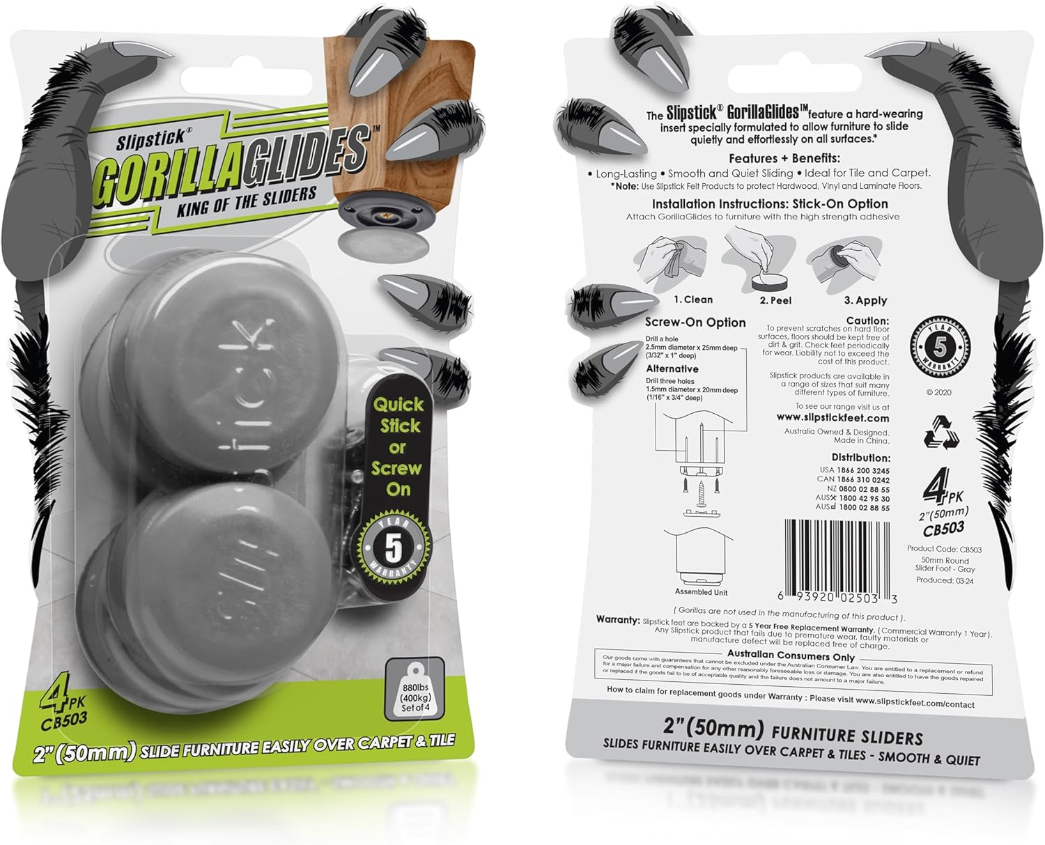 Gorillaglides CB503 50Mm Furniture Sliders/Screw on Glide Floor Protectors (Set of 4 Glides) for Carpet and Hard Surface Sliding, Round image number 2