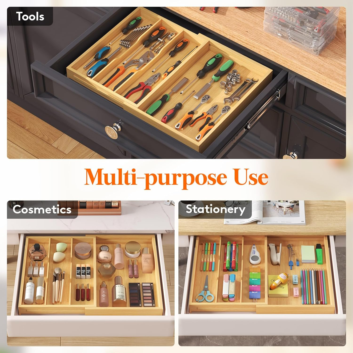 Lifewit Utensil Drawer Organizer, Expendable Cooking Silverware Tray for Kitchen Drawer, Bamboo Adjustable Cutlery Flatware Holder, Spatula Tools and Gadgets Storage Divider, 4 Compartments, Natural image number 4