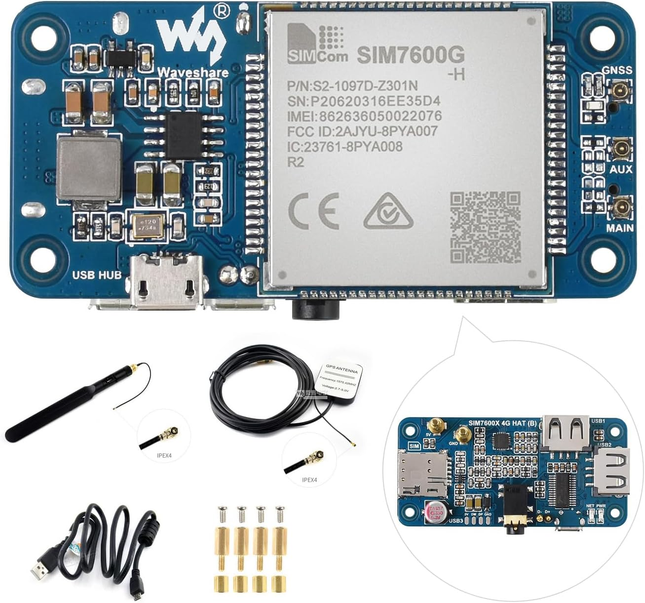 Waveshare SIM7600G-H 4G HAT (B) for Raspberry Pi LTE Cat-4 4G / 3G / 2G Support GNSS Positioning Global Band image number 5