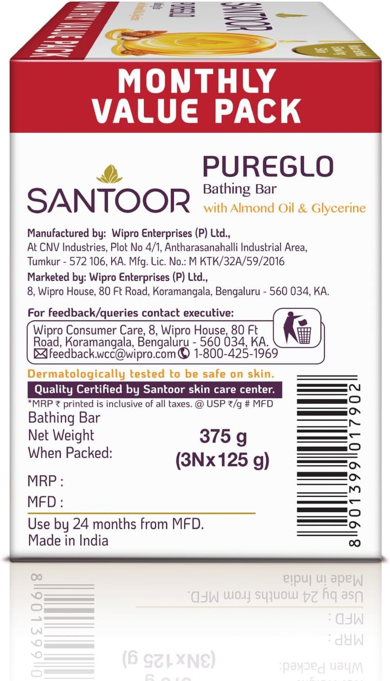 Santoor Pure Glo Glycerin Soap - 125Gm (Pack of 3)