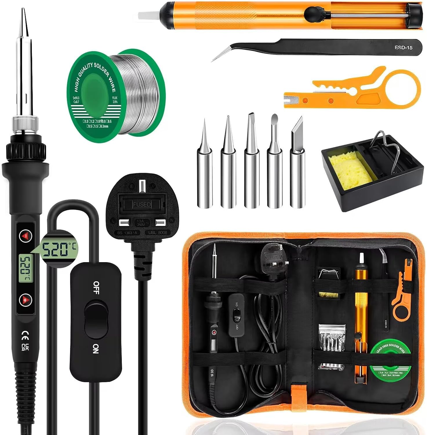 Soldering Iron Kit 80W LCD Adjustable Temperature 180-520&deg;C Electric Welding Tool On/Off Switch, 50G Solder Wire, 5 Soldering Tips, Desoldering Pump, Wire Stripper Cutter, Stand, Tweezers,Tool Case image number 3