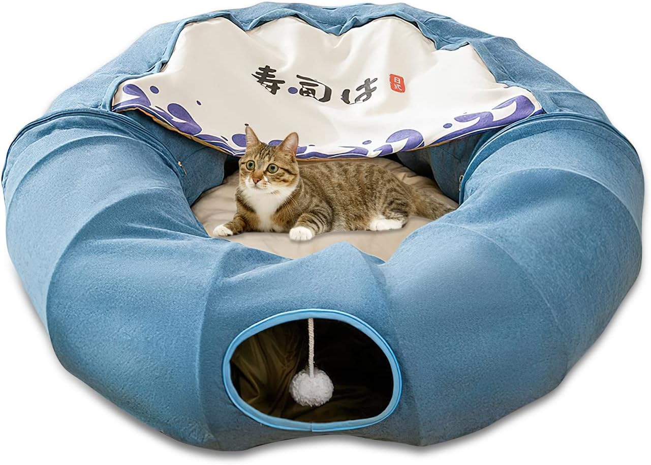 Galat&eacute;e Cat Tunnel, Cat Bed for Indoor Use, Pet Cave Bed with 1 Hanging Scratching Balls, Foldable round Cat Tunnel, Cat Tunnel Bed (Blue) image number 3