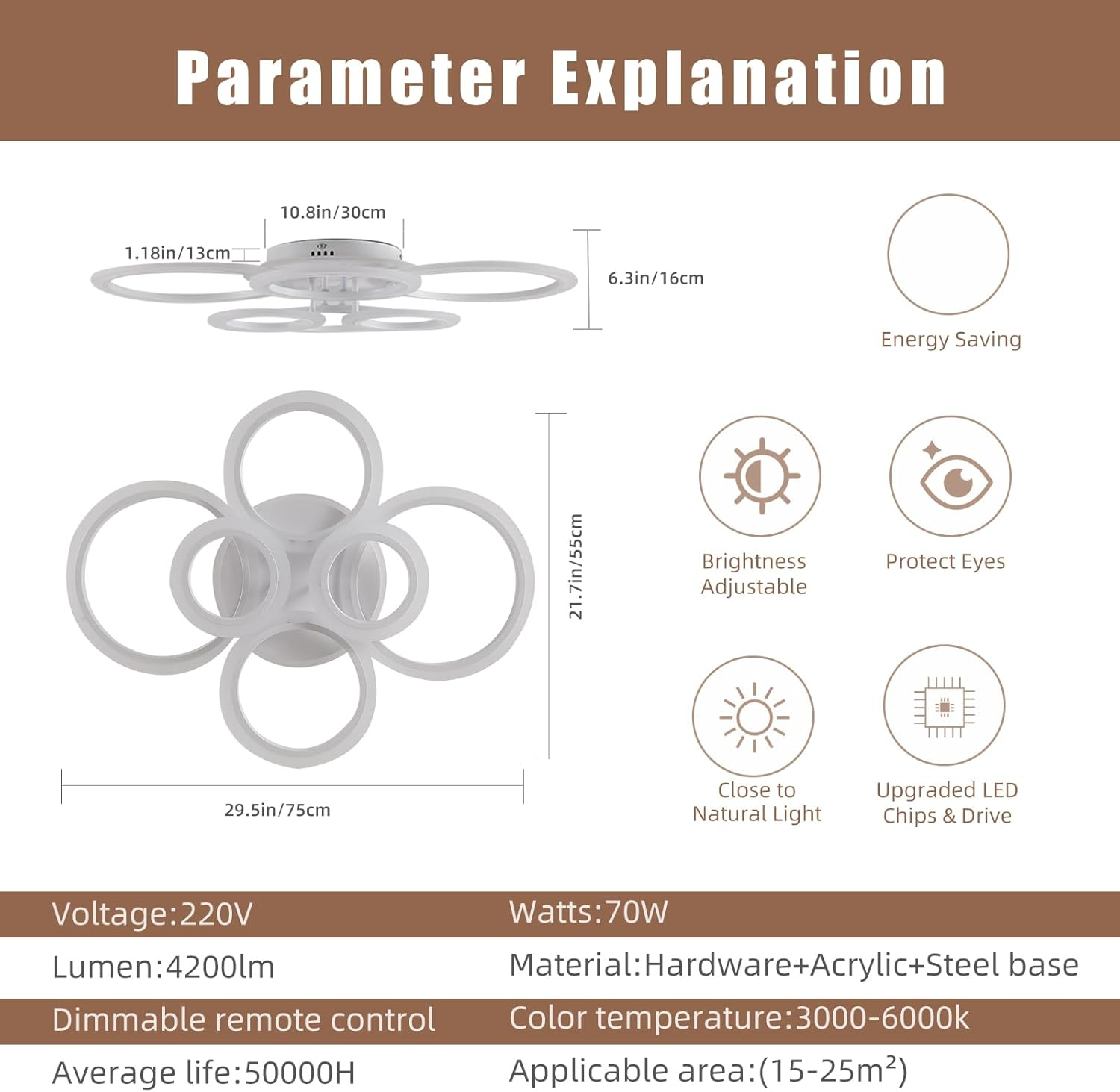 ZAITINZ Modern LED Ceiling Light,70W Flush Mount Ceiling Light,Dimmable Ceiling Lights for Bedroom,6 Rings Lighting Fixture LED Ceiling Lamp for Kitchen,Living Room,Laundry Room,3000-6000K,White image number 4